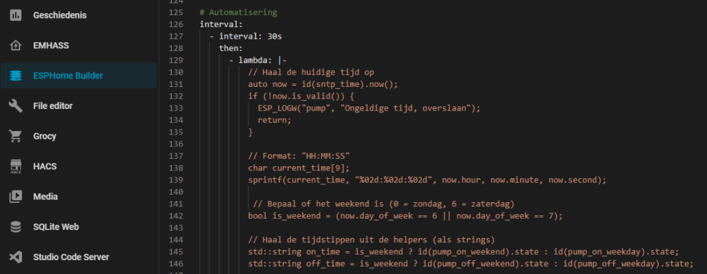 ESPHome zwembad controller code snippet in Home Assistant